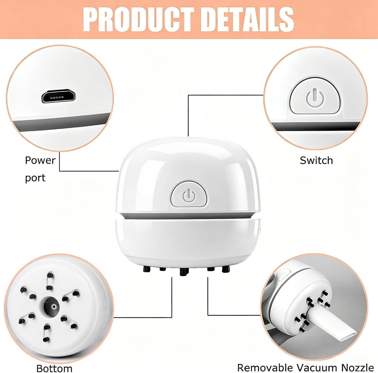 Desktop Vacuum Cleaner USB Recharging, Portable Mini Vacuum Cleaner for Cleaning Eraser Crumbs, Dust, Crumbs, Computer Keyboard and Car (White)