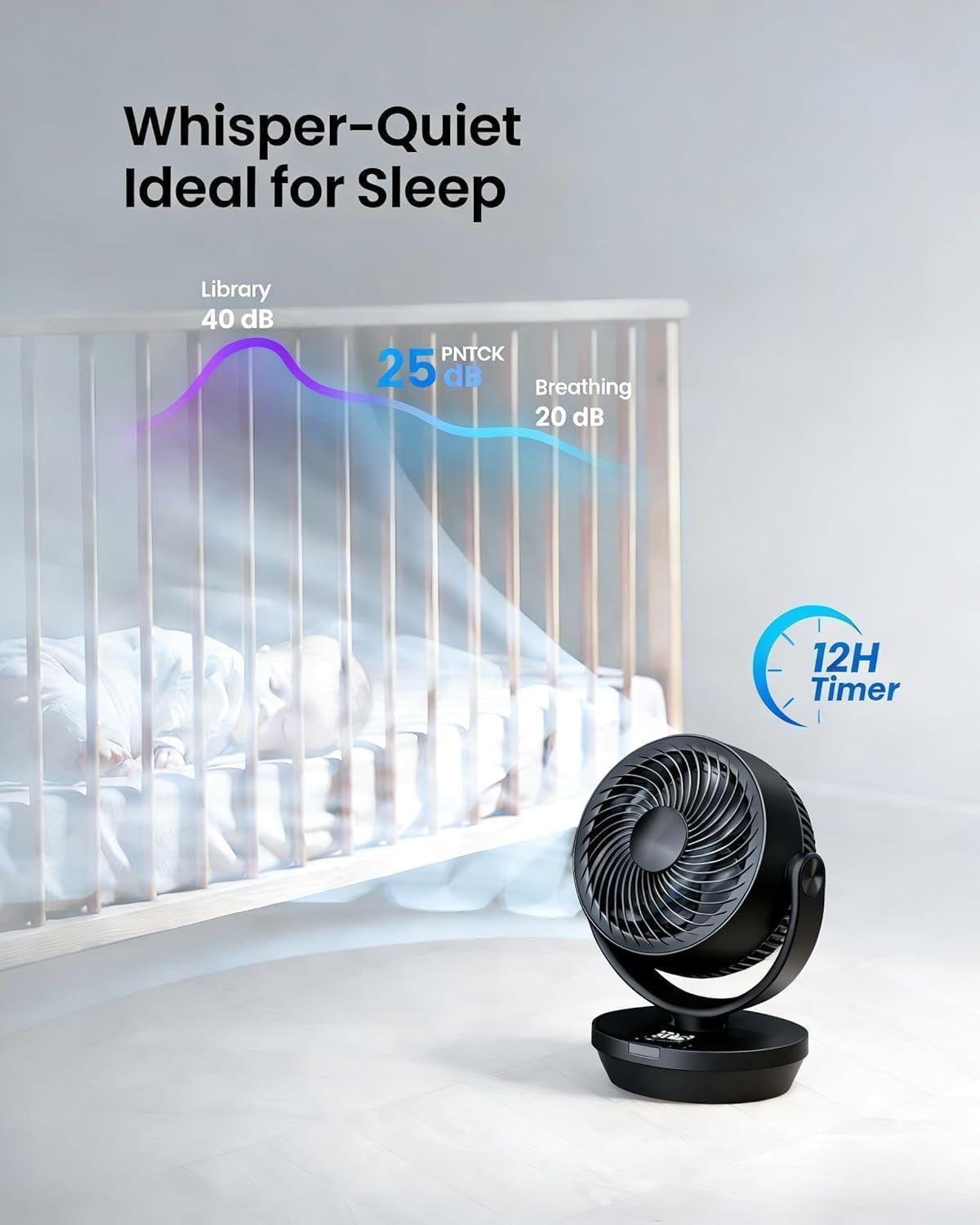 Air Circulator Fan for Bedroom, Quiet Table Fan with 4 Speeds, 90° Oscillation, 120° Vertical, 12H Timer, Powerful Airflow, Oscillating Desk Fan for Bedroom Office Home