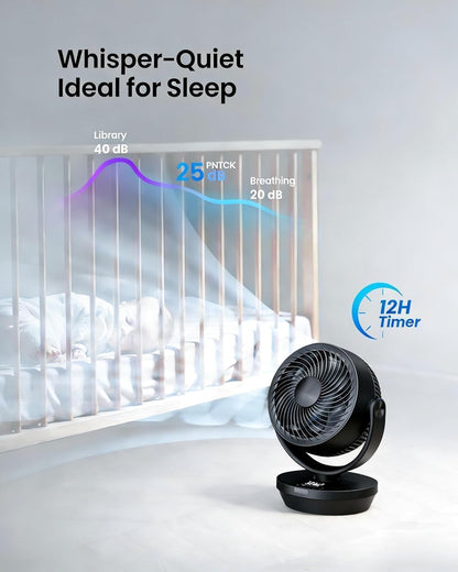 Air Circulator Fan for Bedroom, Quiet Table Fan with 4 Speeds, 90° Oscillation, 120° Vertical, 12H Timer, Powerful Airflow, Oscillating Desk Fan for Bedroom Office Home
