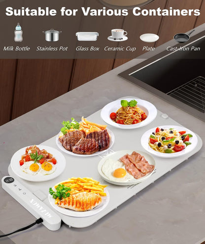 Warming Mat for Food, Advanced Graphene Warming Plate for Food with Rapid and Even Heating, Dishwasher-Safe Silicone Food Warming Mats for Countertop and Buffets Party - Gray, 24"X15"