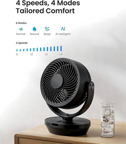 Air Circulator Fan for Bedroom, Quiet Table Fan with 4 Speeds, 90° Oscillation, 120° Vertical, 12H Timer, Powerful Airflow, Oscillating Desk Fan for Bedroom Office Home